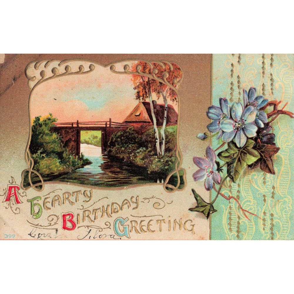 Antique Embossed Birthday Greeting Postcard Landscape Bridge Floral Gold 399 - Picture 1 of 2